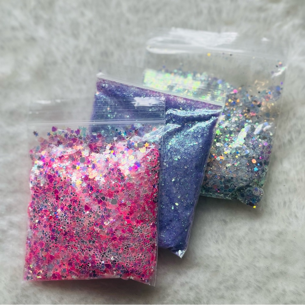 NIB 3 Bag Set of Glitter, Pink, Purple, Silver Heart/Star/Hexagon Holographic